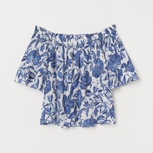 💙Vacation Vibes Crisp White Blue Floral Off Shoulder Blouse Shirt H&M Size 14